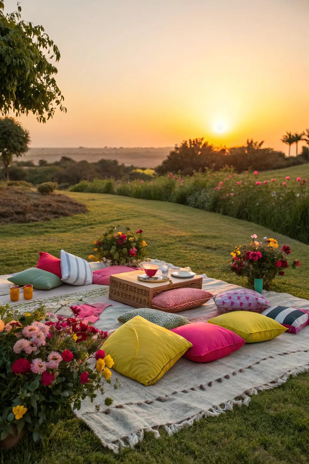 Colorful cushions providing comfort at a sunset picnic.