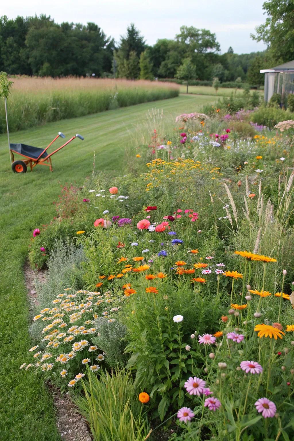 A thriving no-mow zone bustling with pollinators.