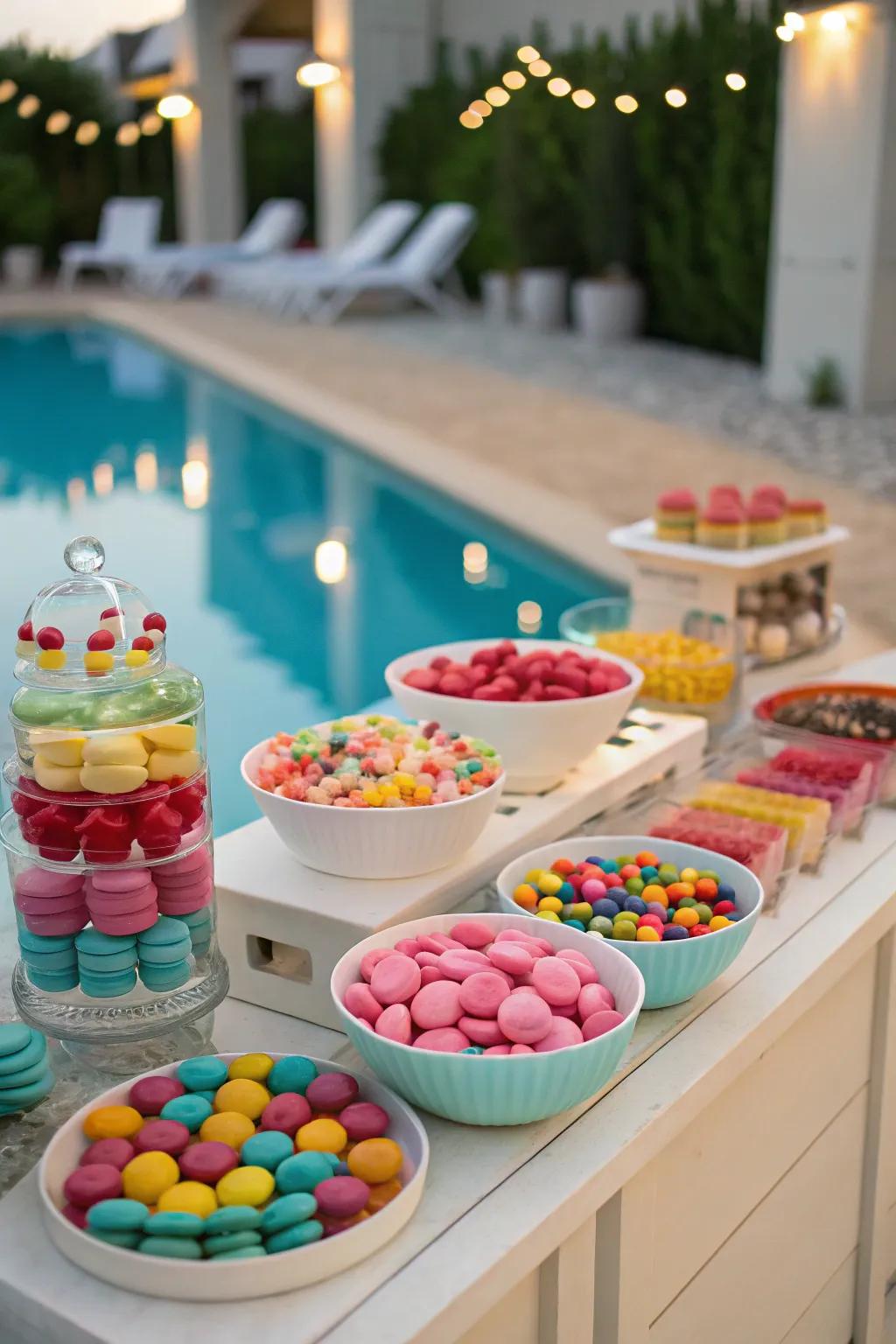 A candy and dessert buffet satisfies every sweet tooth at the party.