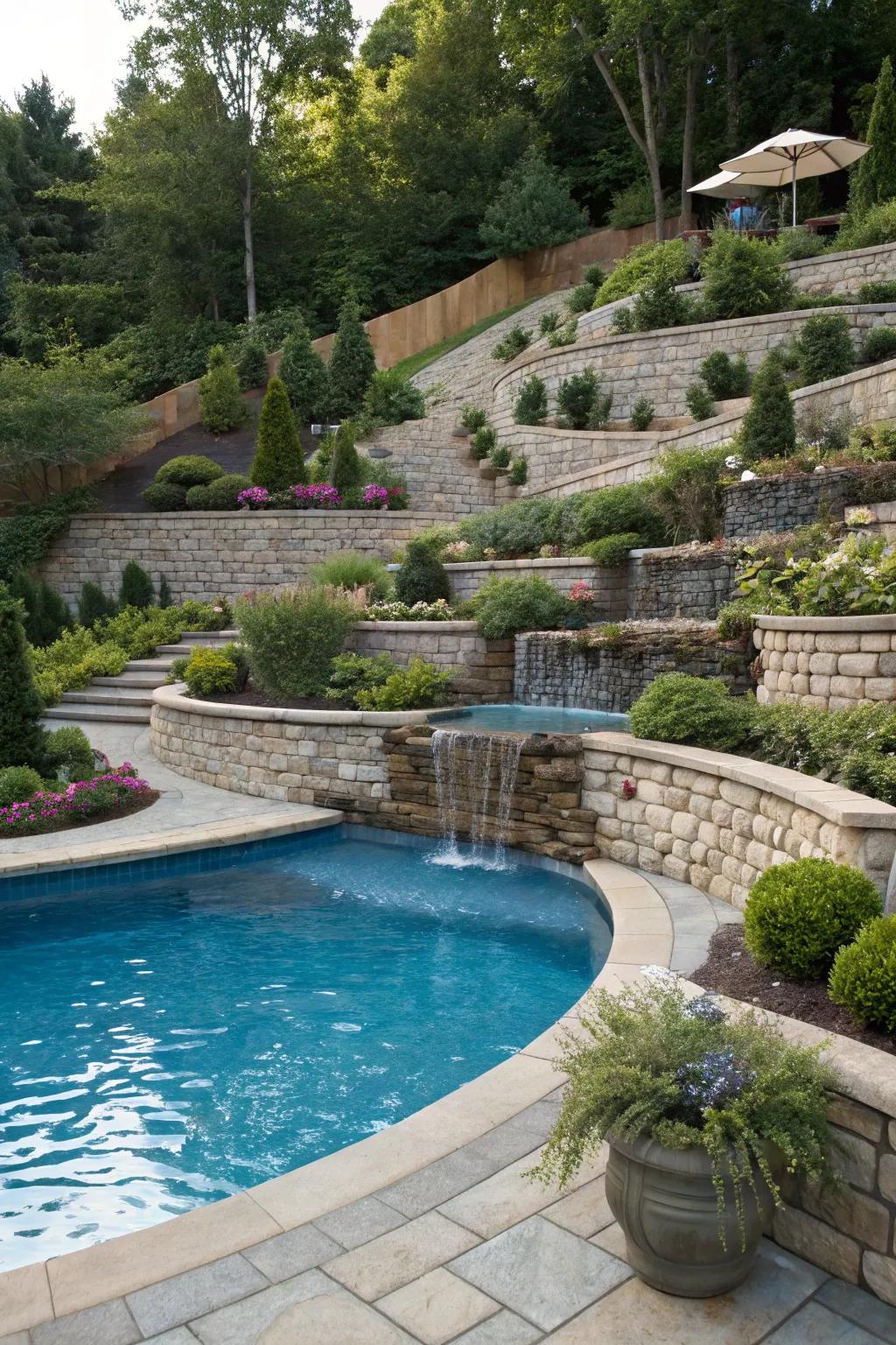Tiered landscaping adds depth and dimension to poolside designs.