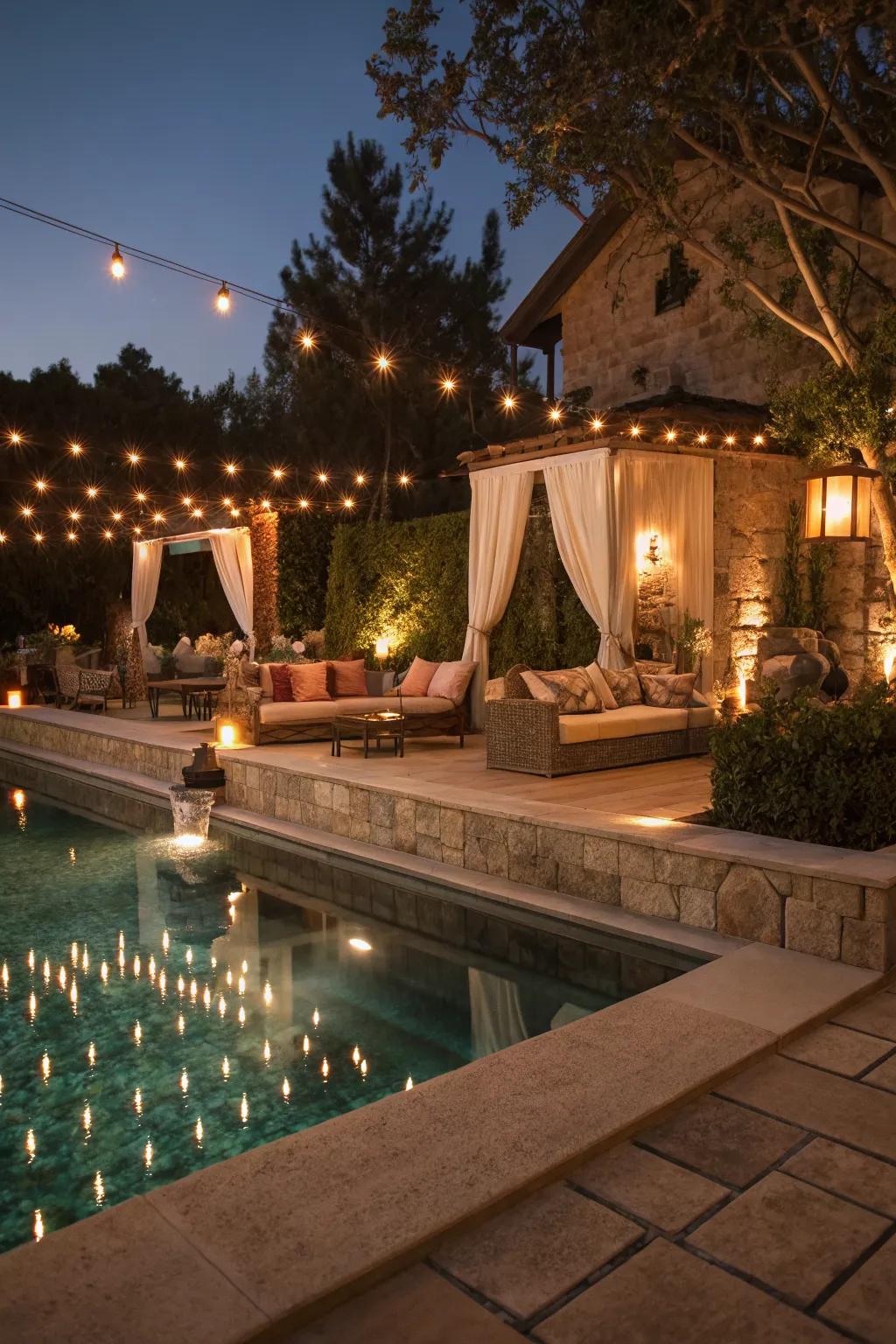 Lighted coping creates a magical evening ambiance.