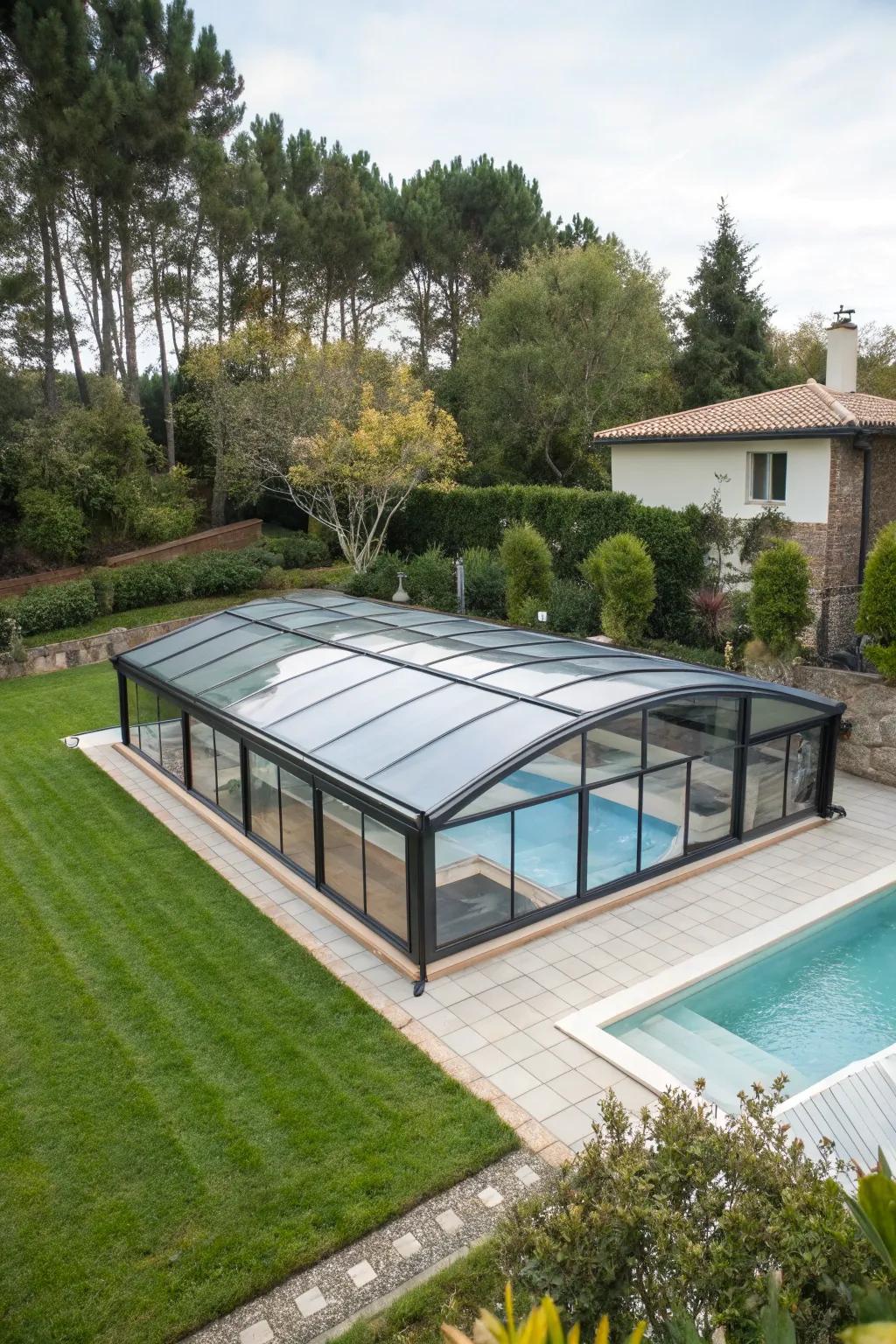 A mansard-style pool enclosure that provides a balance of design and durability.