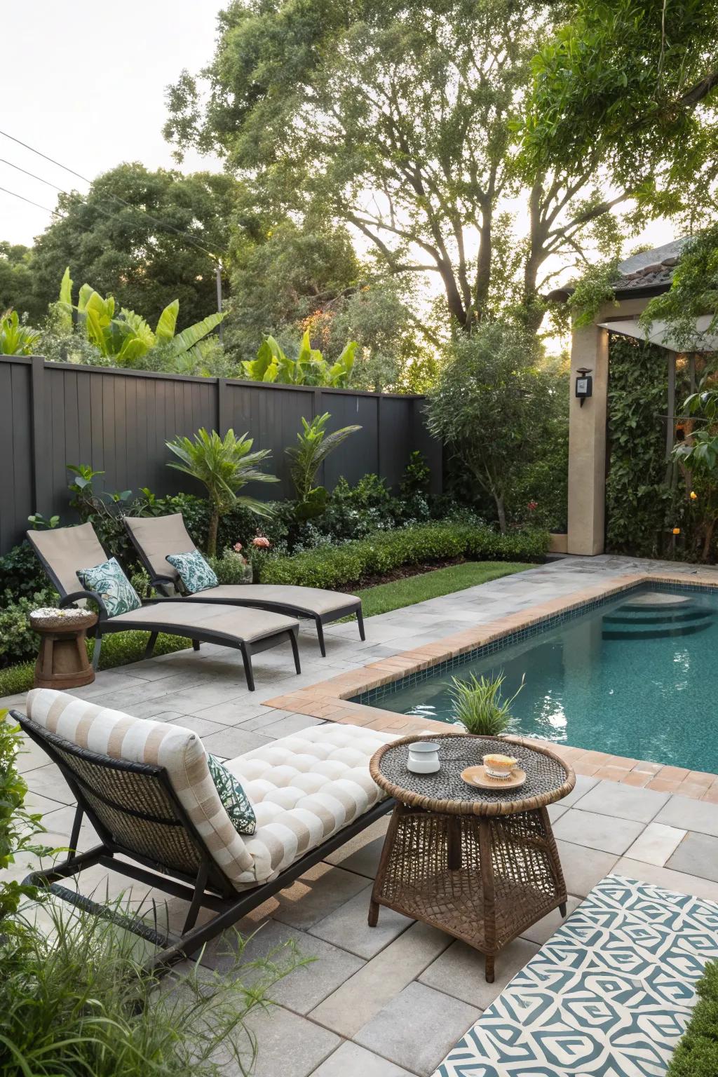 Stylish furniture enhances this cozy poolside retreat.