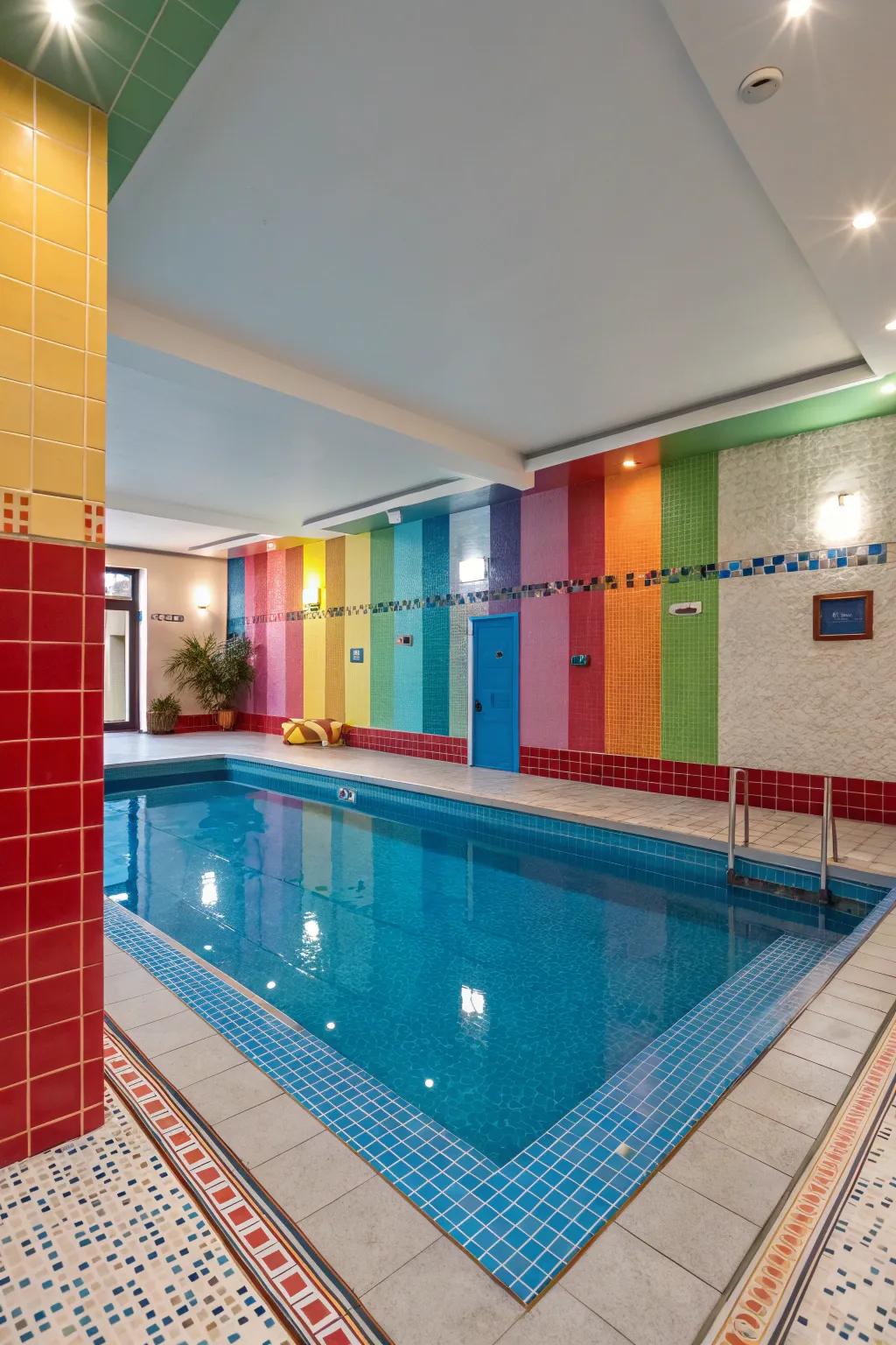 Bold color accents enliven the pool room.