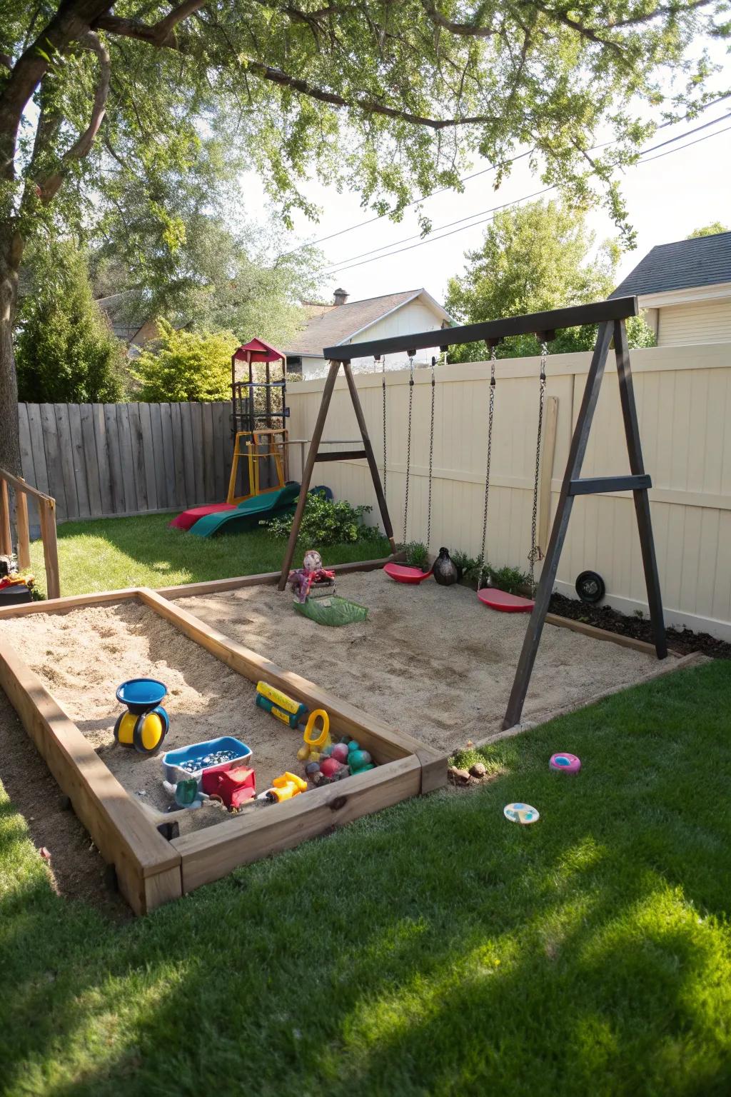 A backyard swing set with a fun sandbox play area adjacent.
