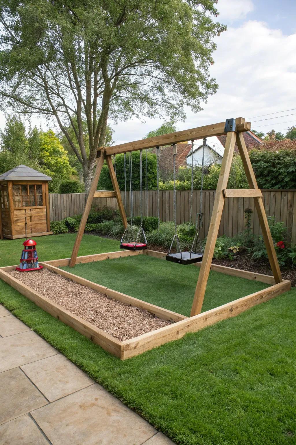 Swingset play area defined by rustic timber edging.
