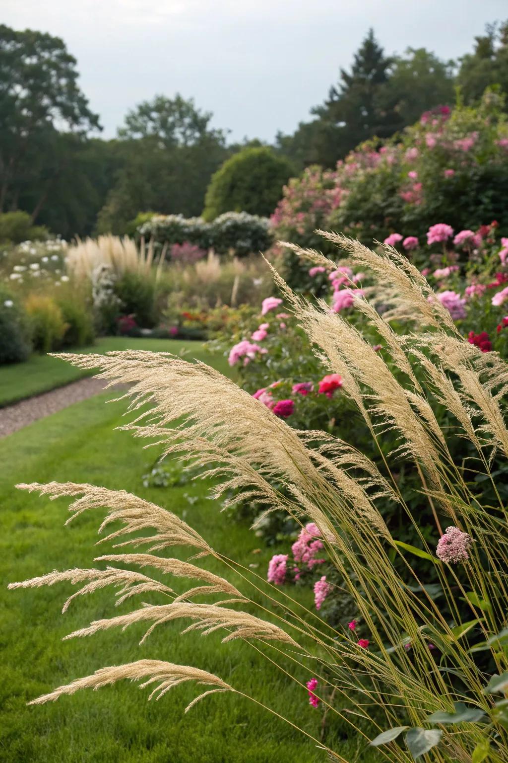 Add movement and texture with tall ornamental grasses.