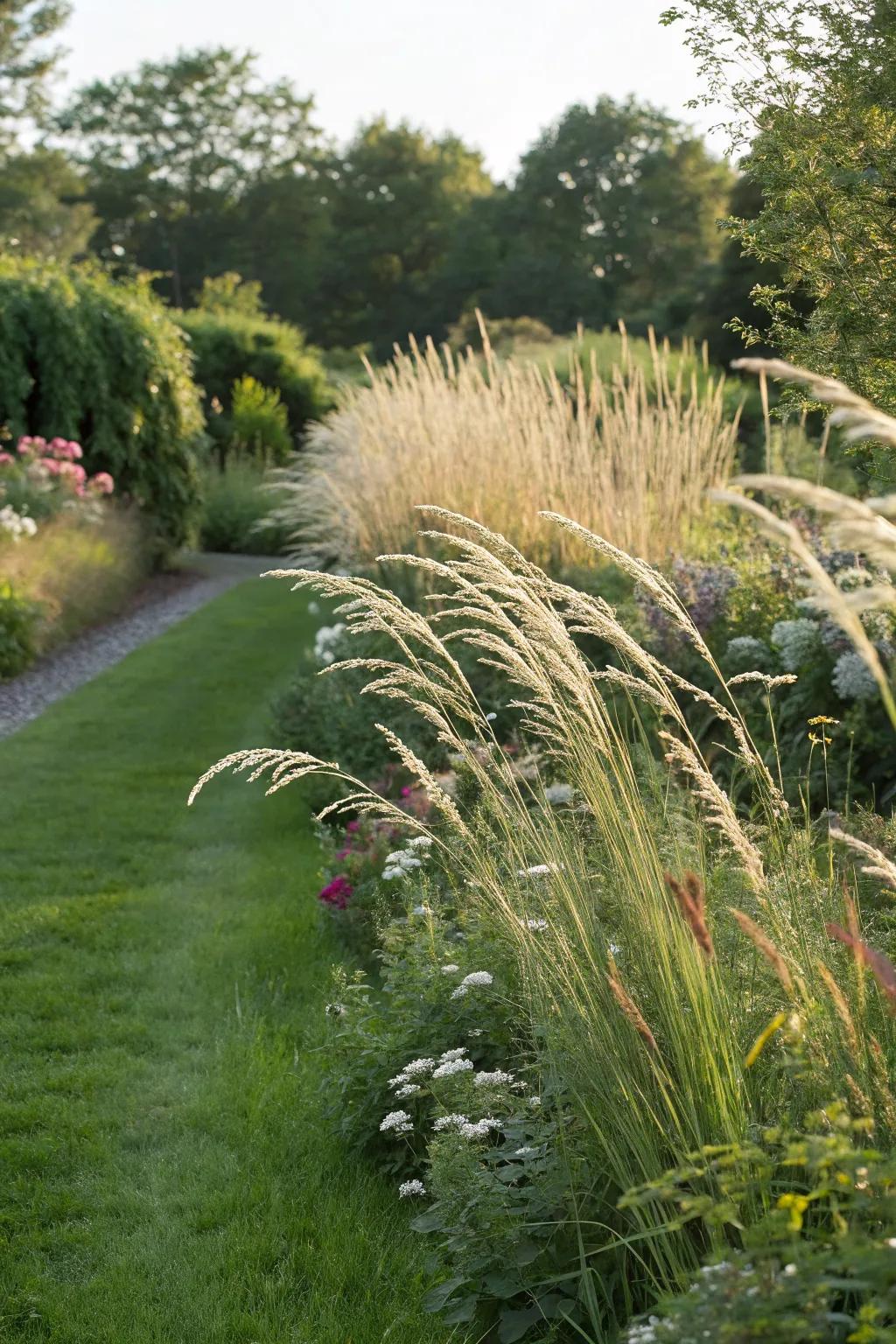 Tall grasses acting as a natural windbreak for garden protection.