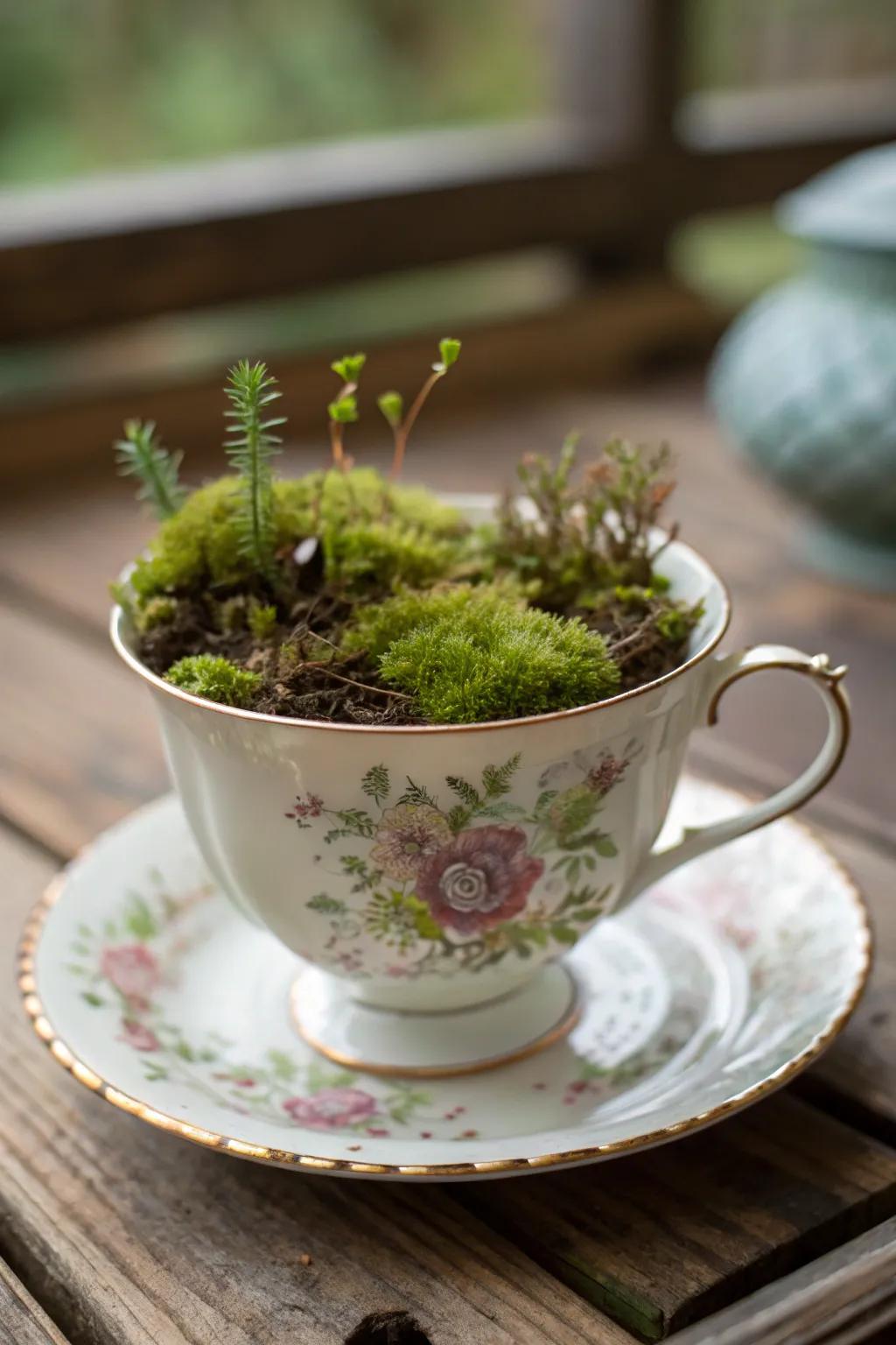 Vintage charm with a teacup garden twist.