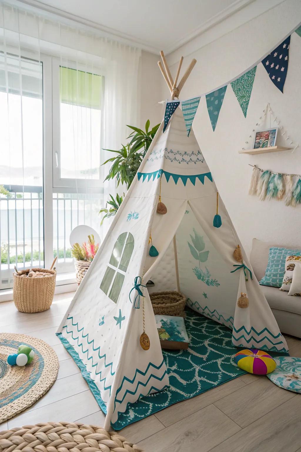A seaside-themed teepee brings beach vibes indoors.