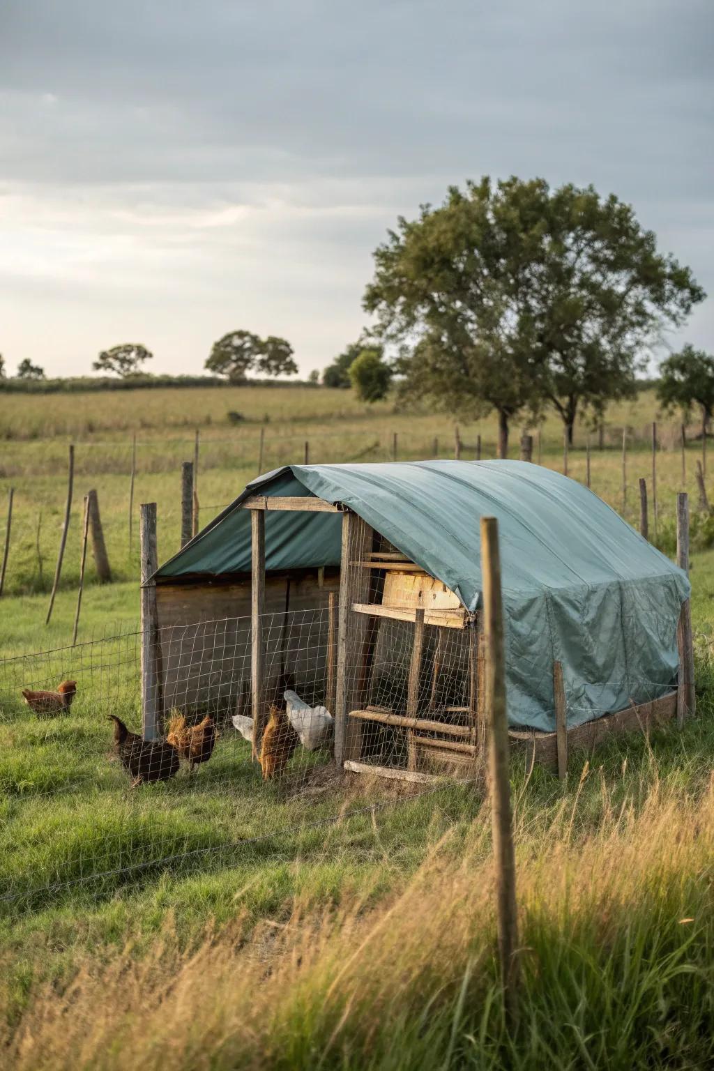 An arched cattle panel coop offering sturdy and swift shelter for chickens.