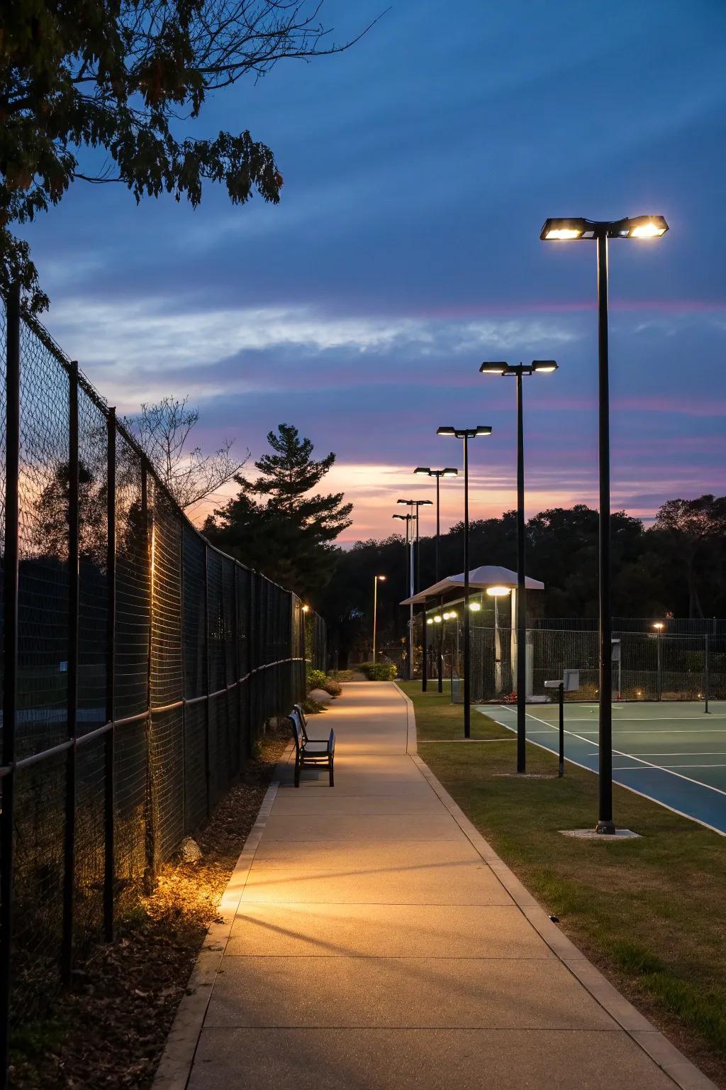 Solar path lights create a magical and safe environment around your court.