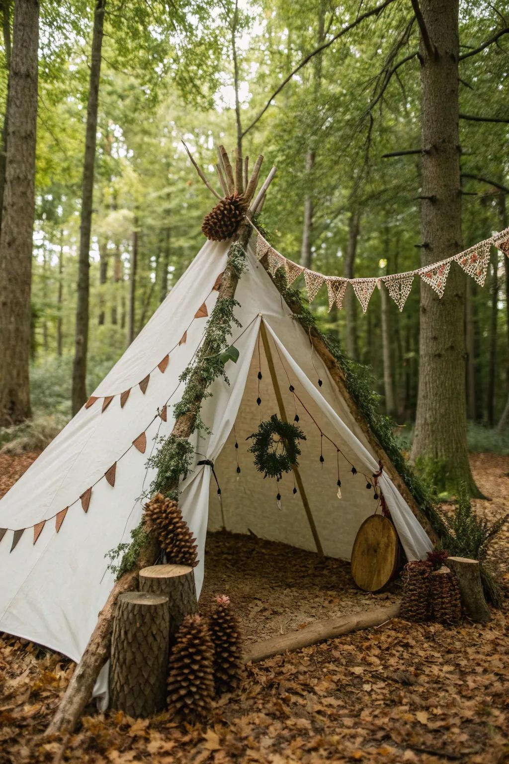 A woodland-themed tent with bark and pine cone decorations, blending into the forest.