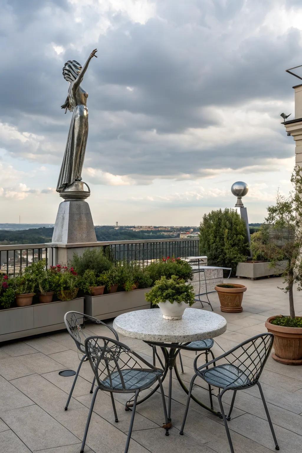 An artful sculpture adds a personal and artistic touch to a terrace.