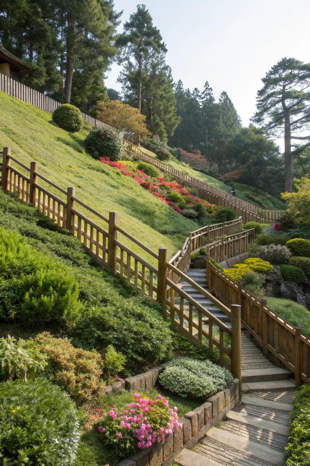 Terraced garden with decorative wooden fencing providing a stylish touch on a slope.