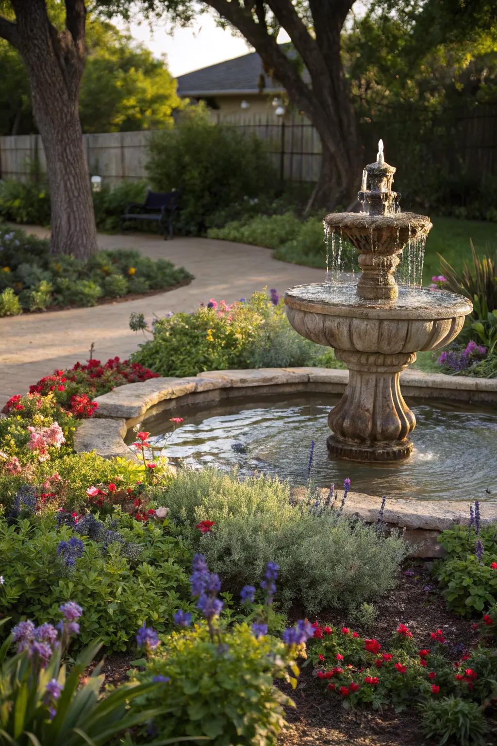 Water features add tranquility and charm to this garden.
