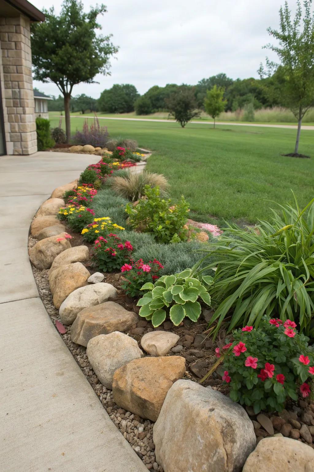 Decorative stones adding elegance to a plant bed.