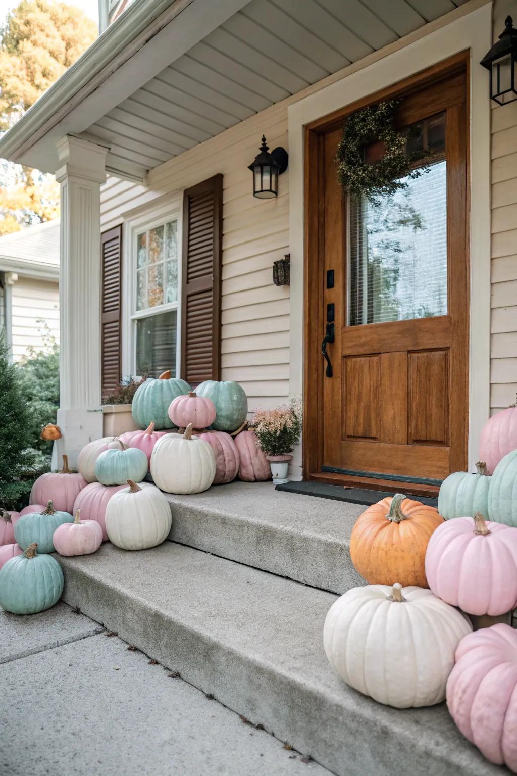 Pastel pumpkins create an unexpected and charming display.