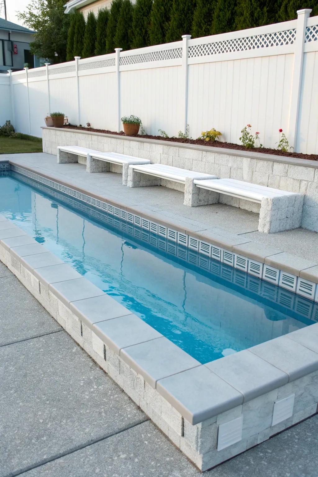 Built-in benches offer style and comfort for poolside relaxation.
