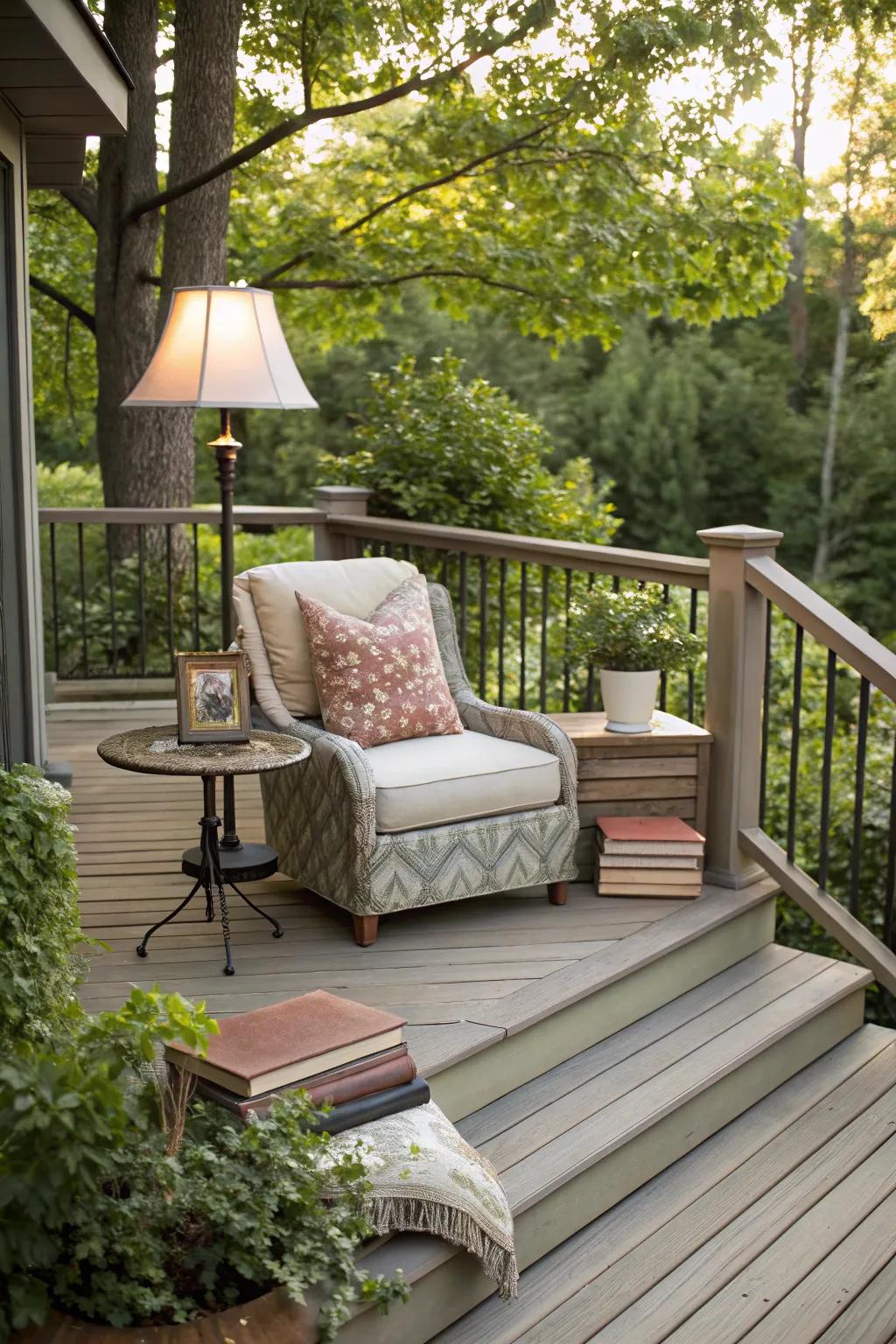 A peaceful reading nook on a tiered deck.