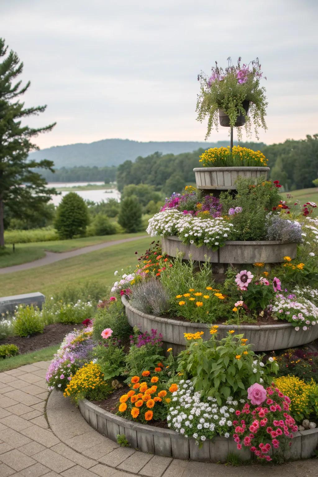 Wildflowers add a whimsical and carefree charm to tiered beds.