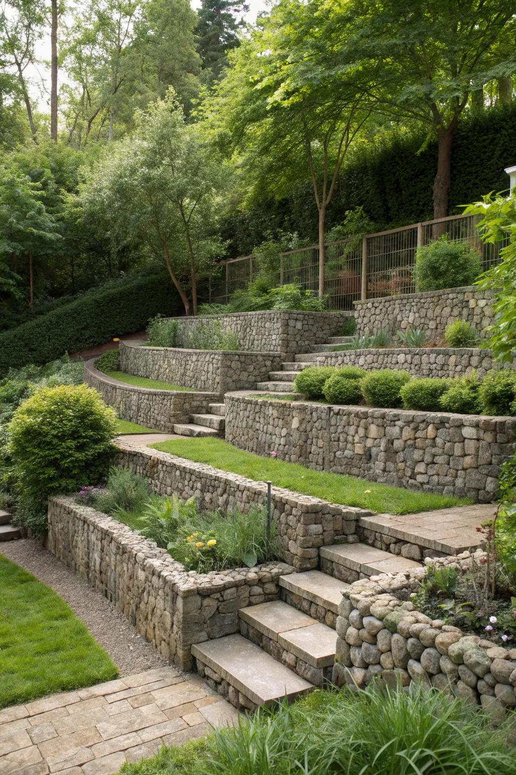 Gabion walls offer strength and a modern aesthetic for tiered gardens.