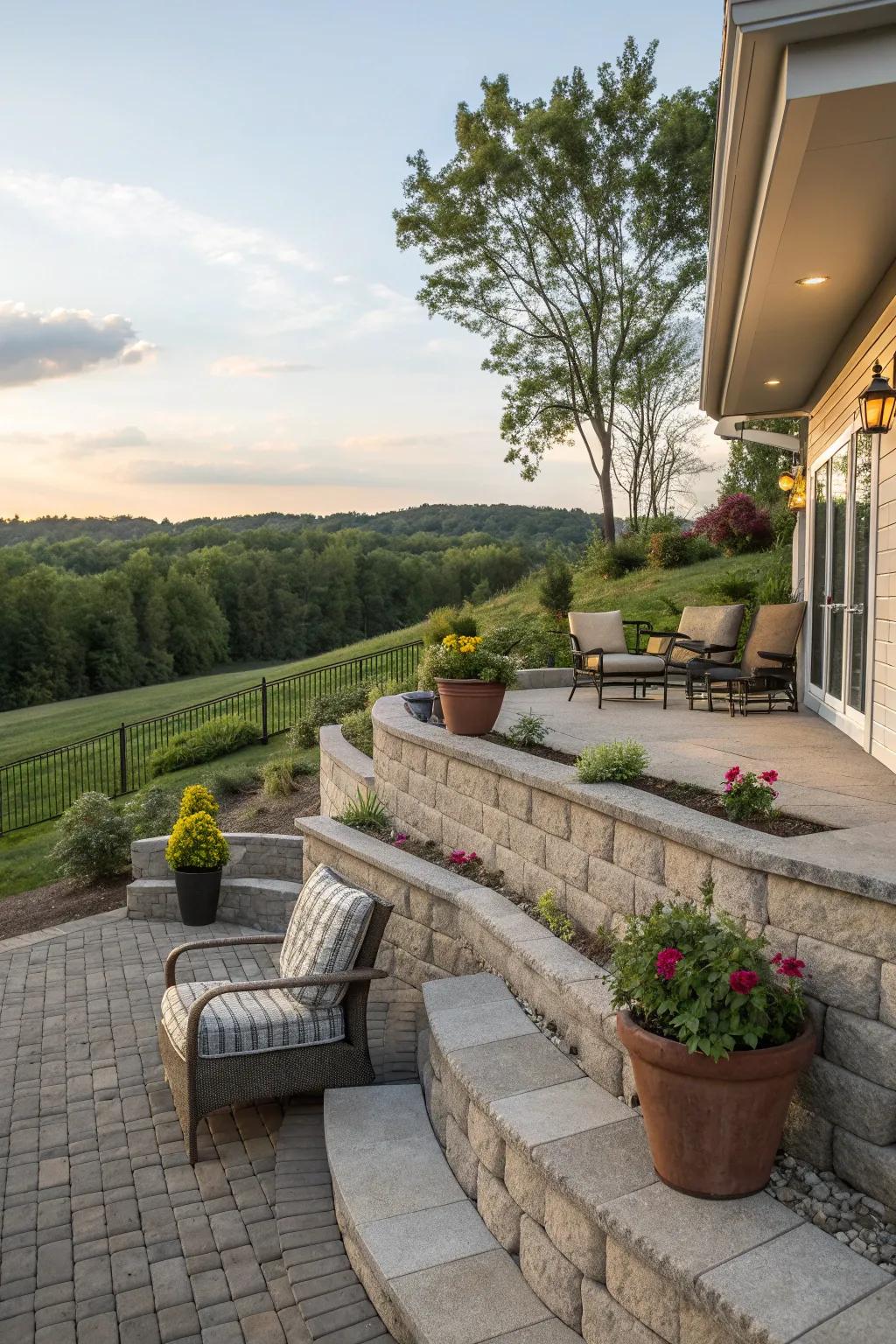 A raised patio within a tiered retaining wall offers a perfect spot for relaxation.