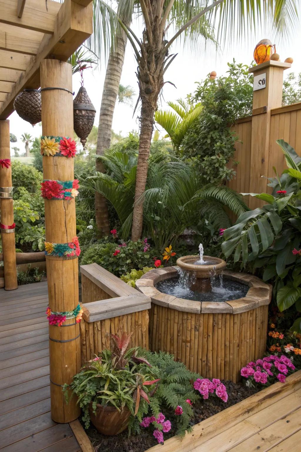 A water feature adds tranquility to the deck