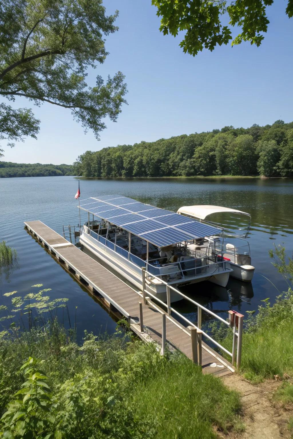 Solar panels offer a sustainable power solution for your pontoon.