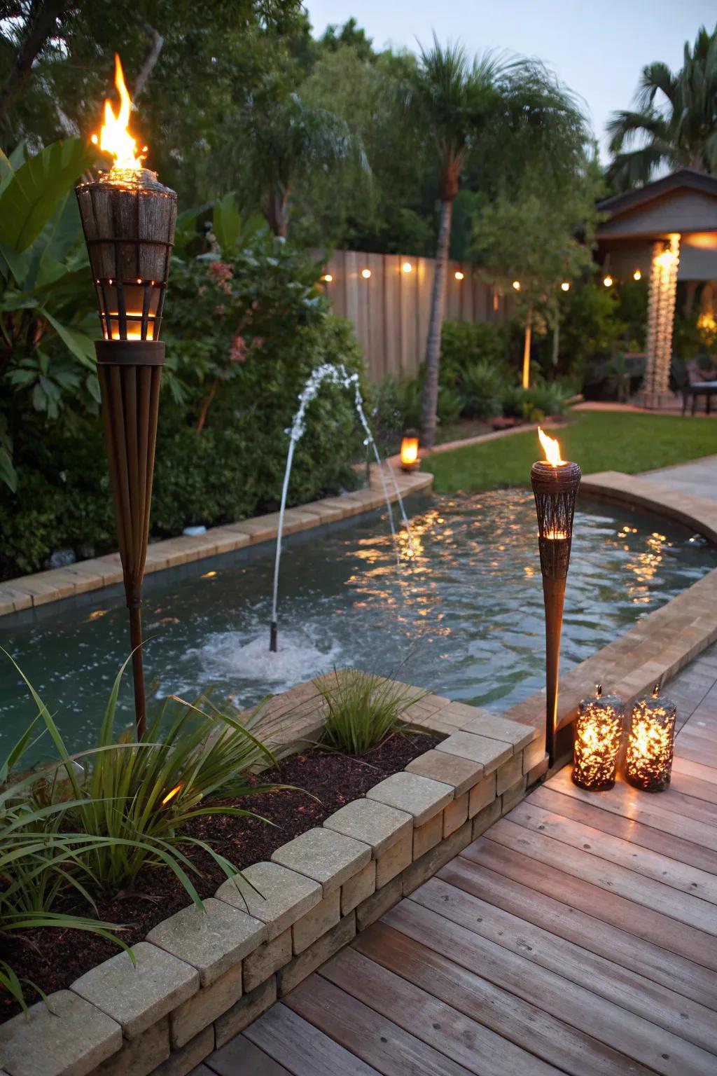 Enhance water features with the reflective glow of tiki torches.