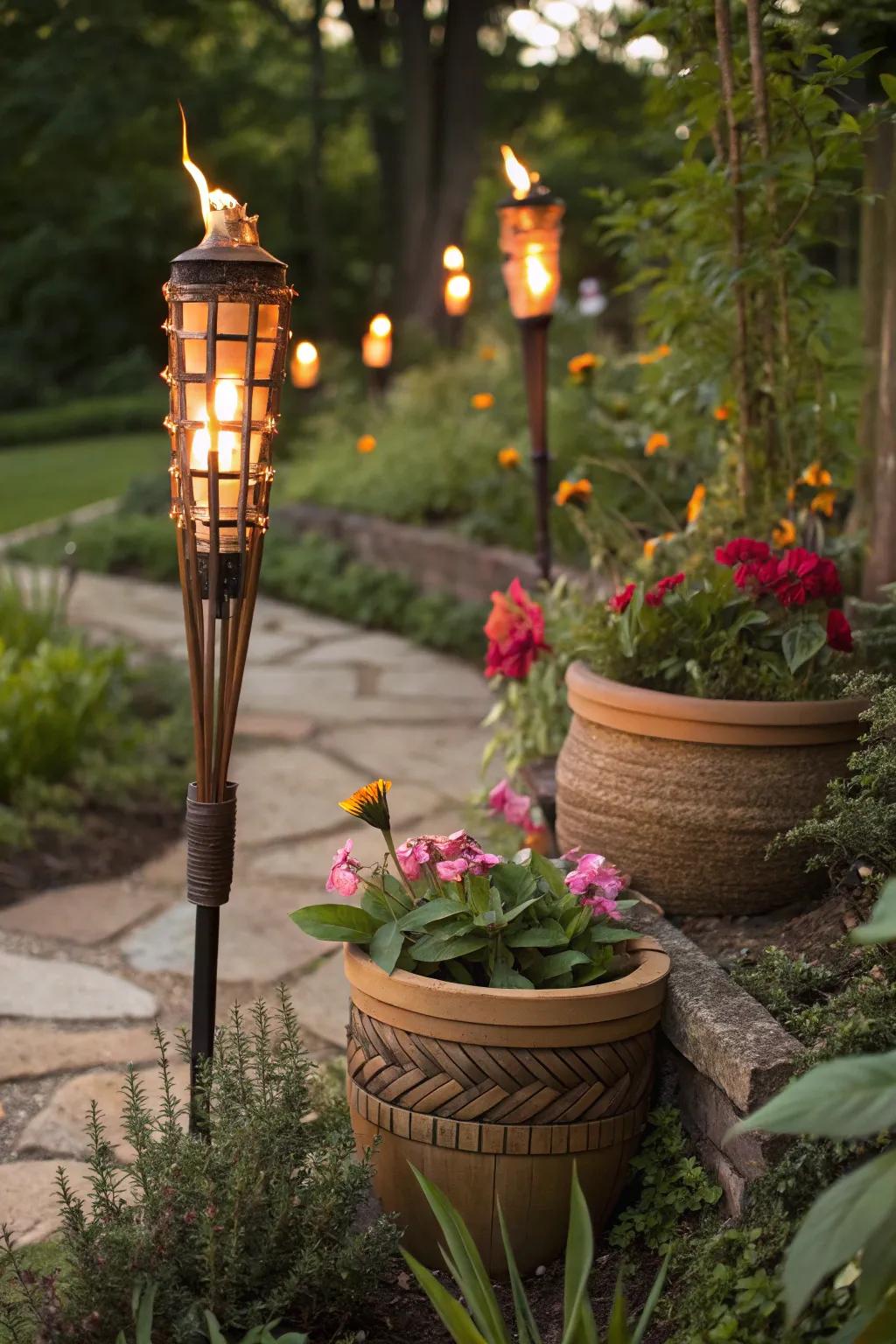 Ceramic pot torches offer an earthy, grounded aesthetic to garden spaces.