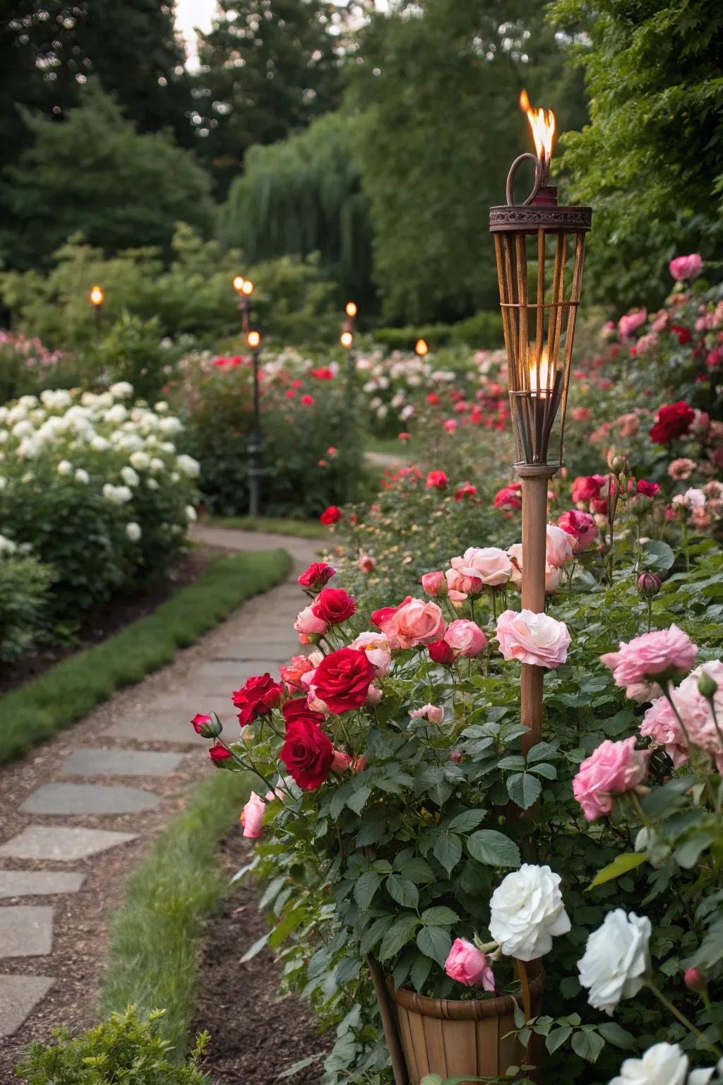 Roses and tiki torches create a dreamy, romantic atmosphere.