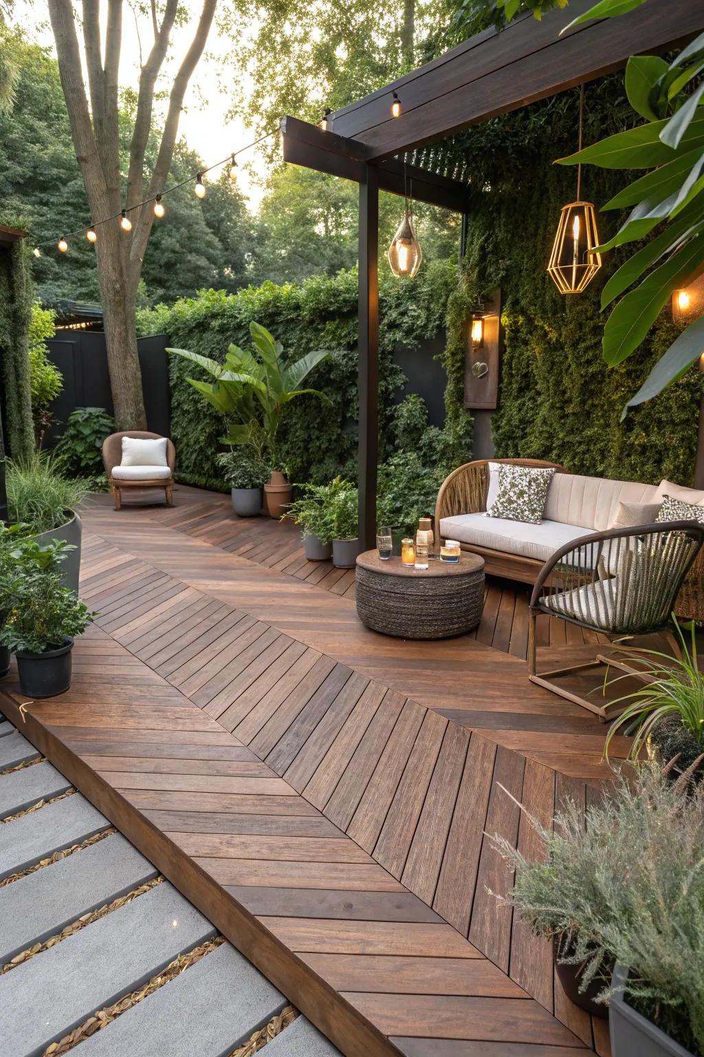 A timber deck showcasing the elegance of a herringbone pattern.