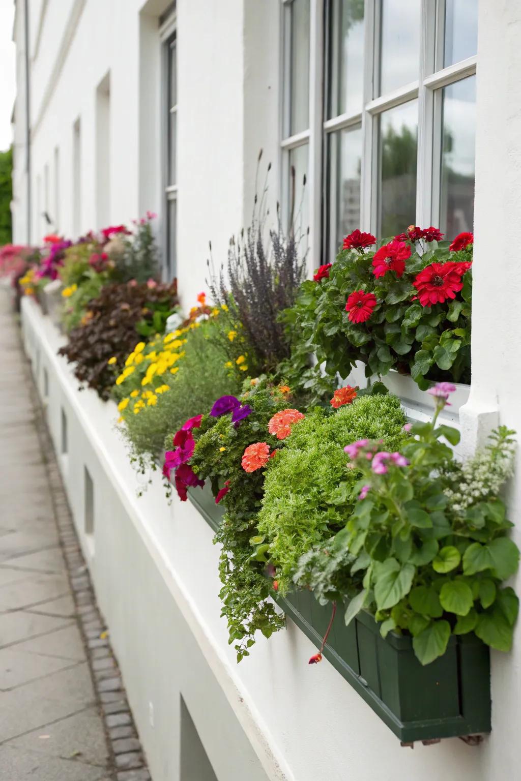 Charming window boxes filled with vibrant flowers and fresh herbs.