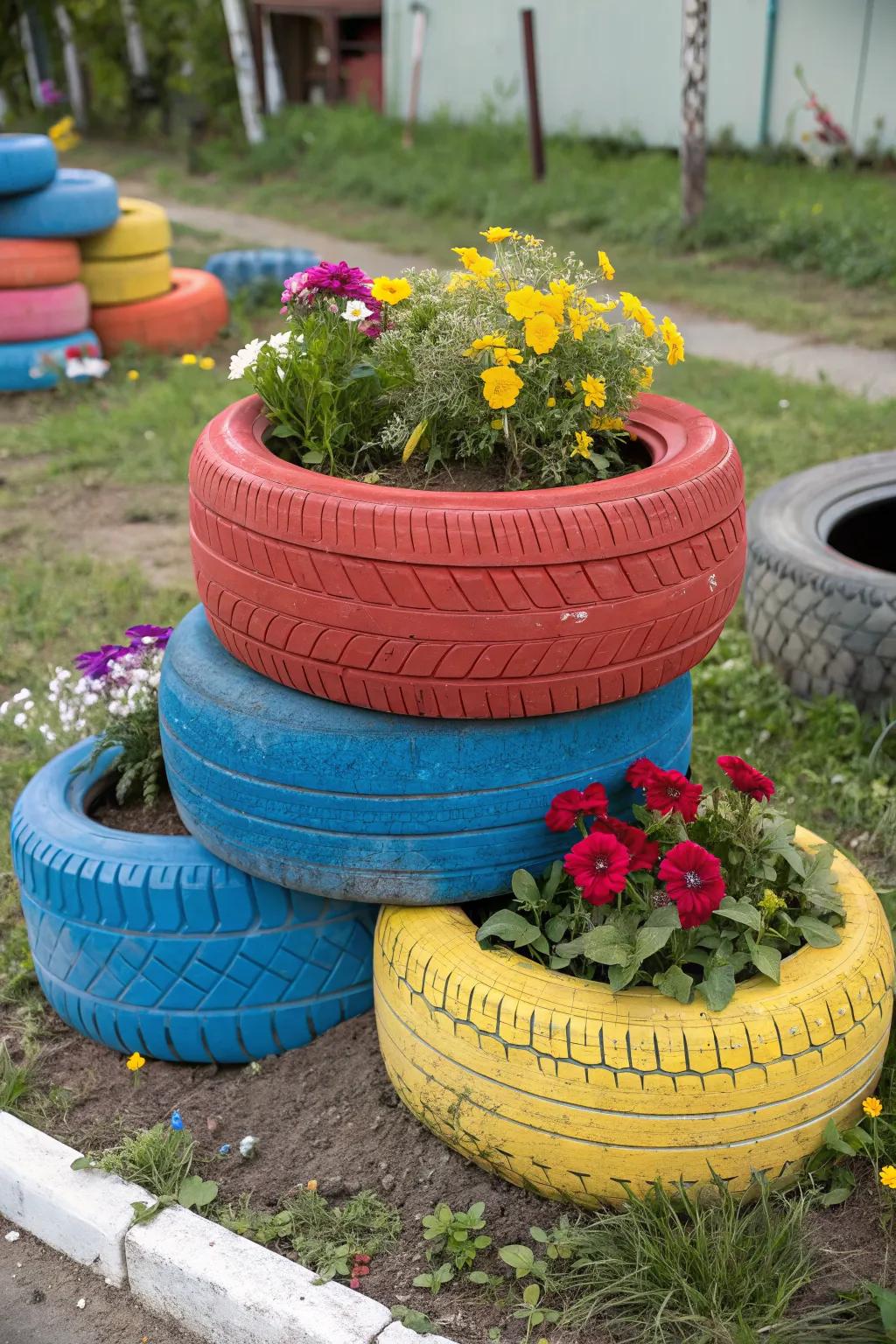 Tire pyramid planters make a vibrant garden centerpiece.