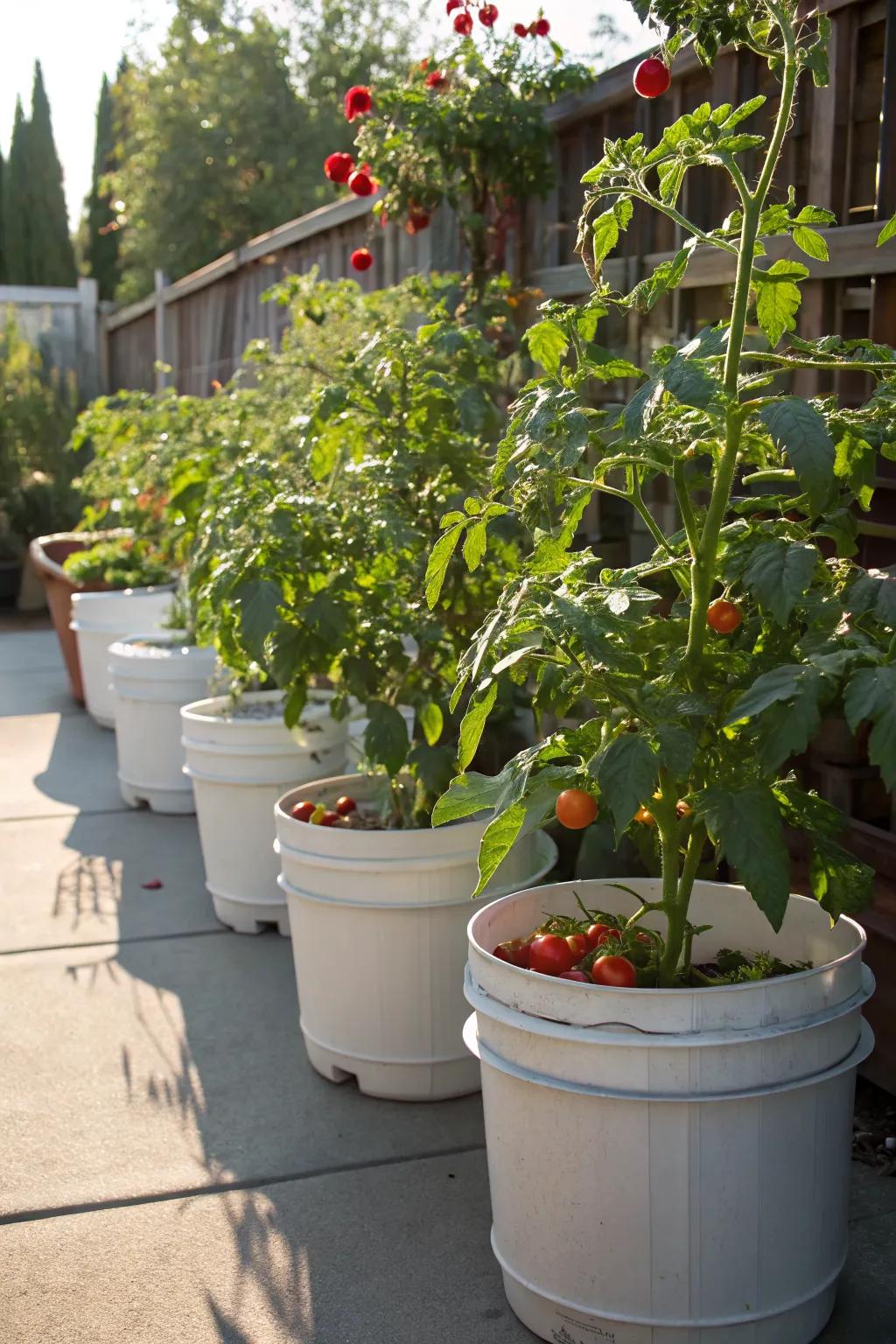 Five-gallon buckets offer an inexpensive solution for tomato growing.