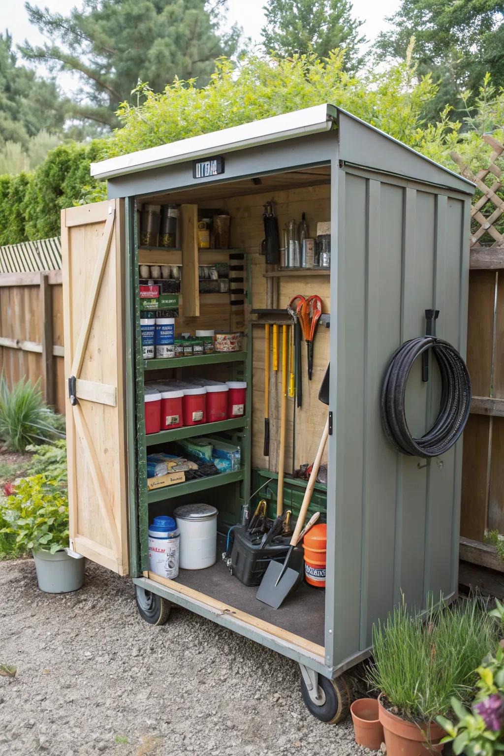 A portable work cart adds mobility and convenience.