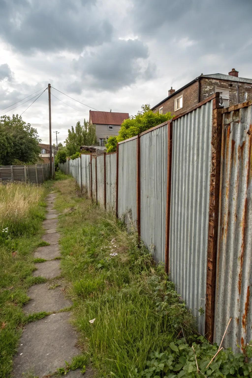 Corrugated metal panels add industrial charm to fences.