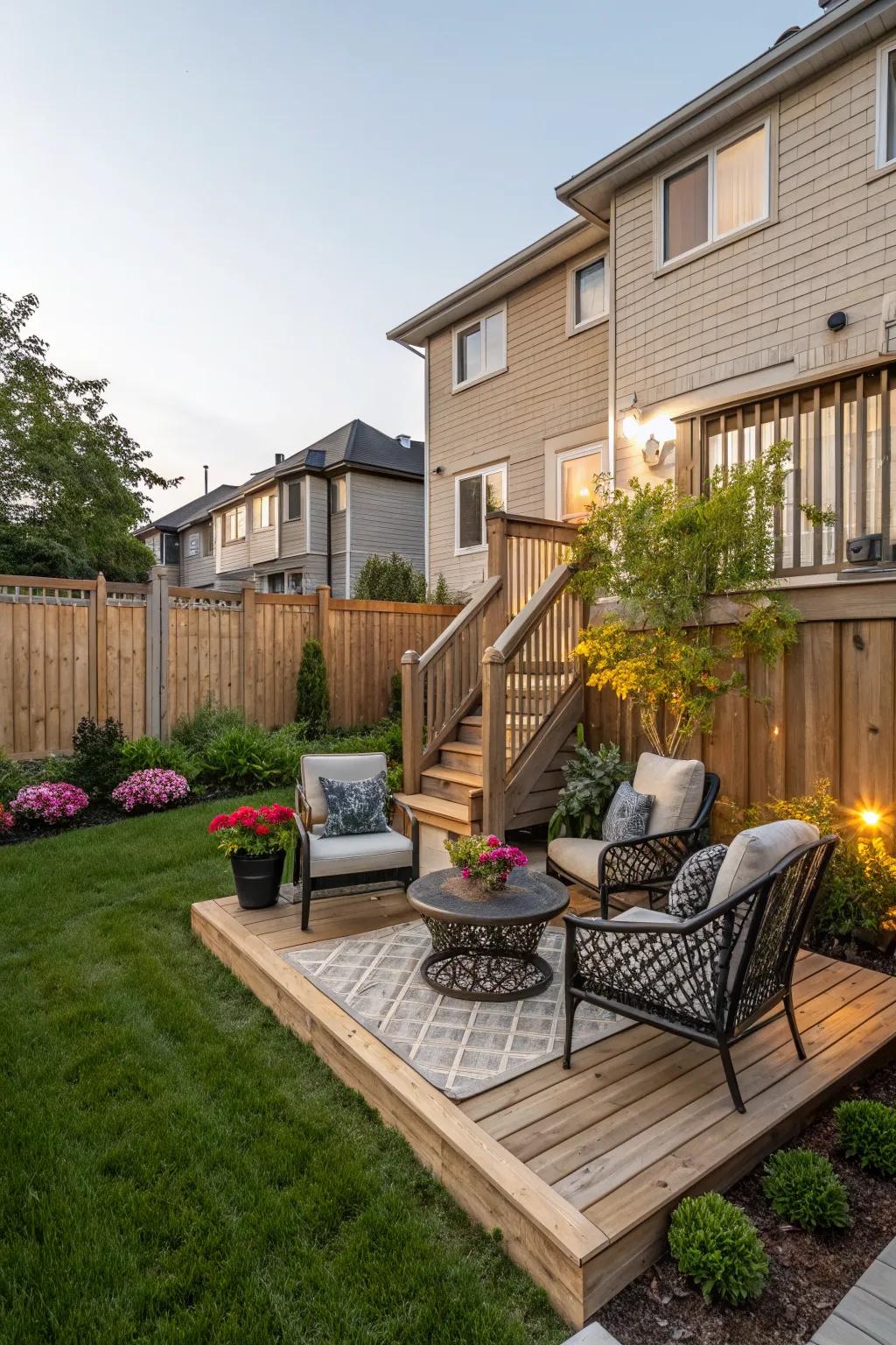 A wooden deck creates a warm, inviting space for outdoor activities.