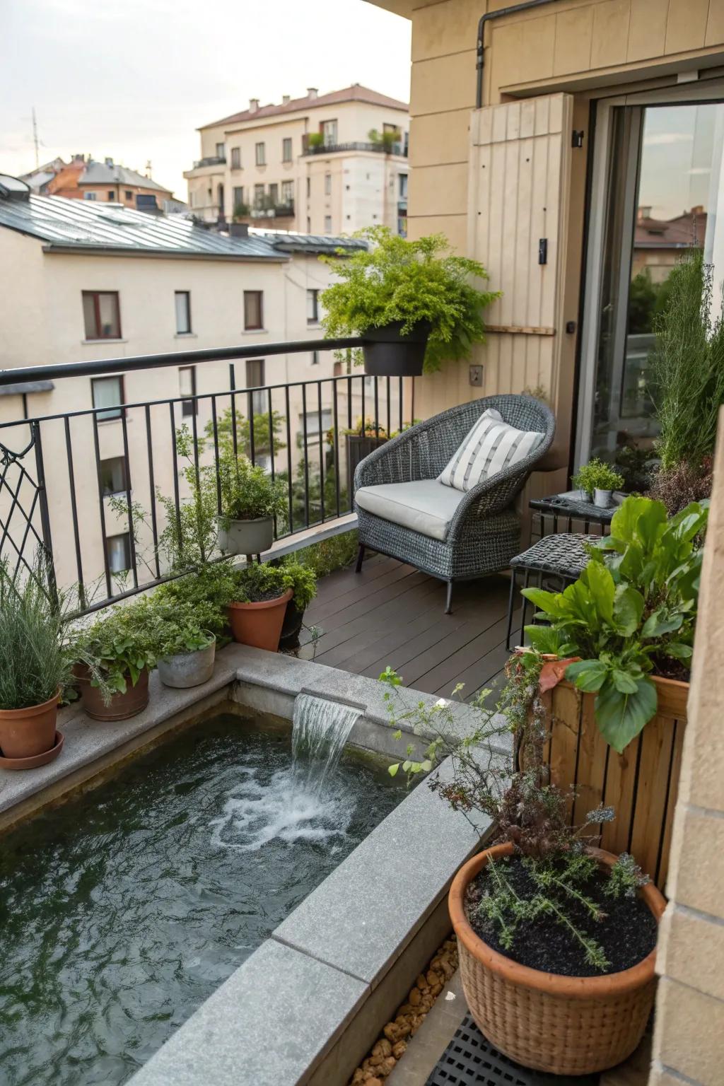 Serene ambiance with a water feature.