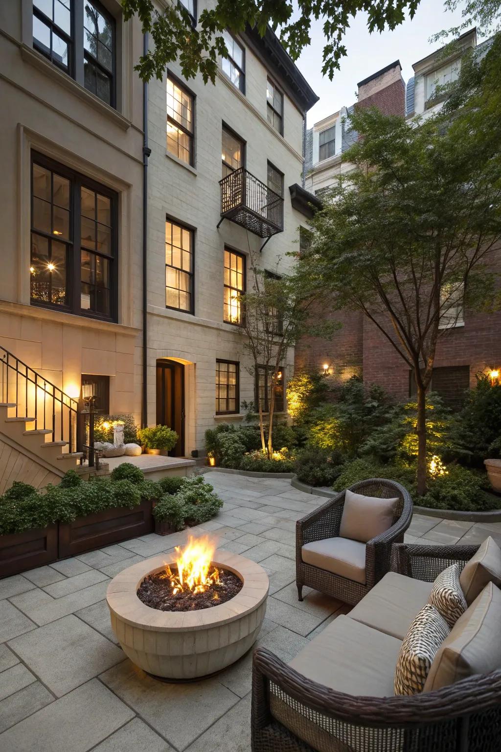 A fire pit provides warmth and a gathering spot in the courtyard.