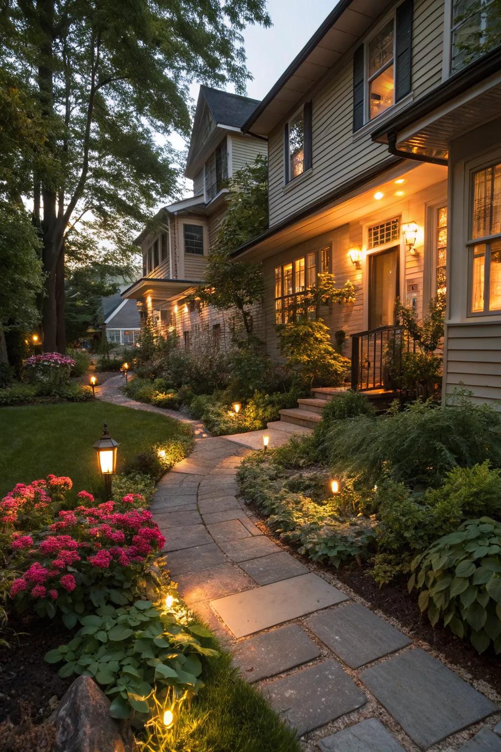Ambient lighting creating a magical atmosphere in a townhouse front yard.
