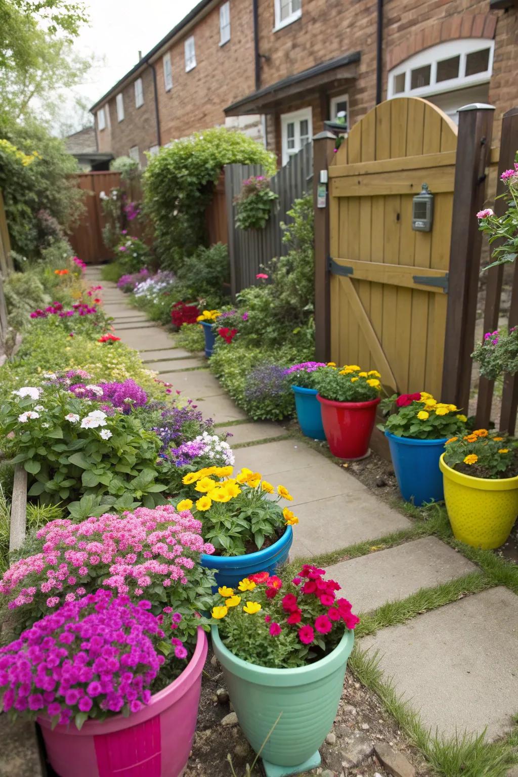 Bright flowers and painted pots adding a pop of color in a townhouse garden.