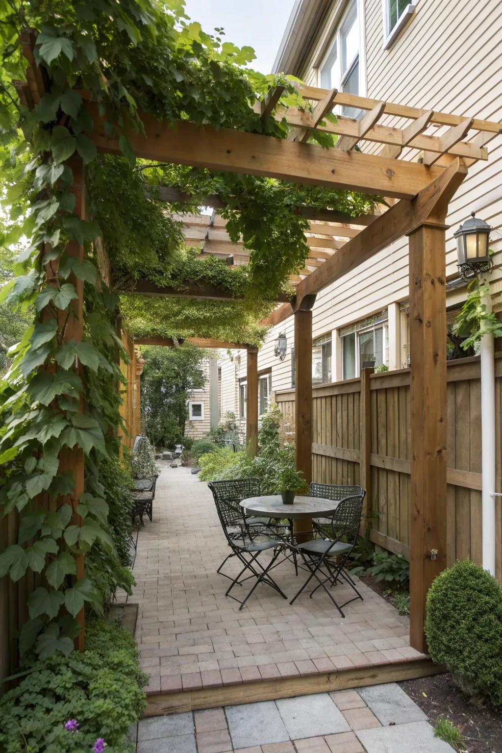 Trellises with vines create a living privacy wall.