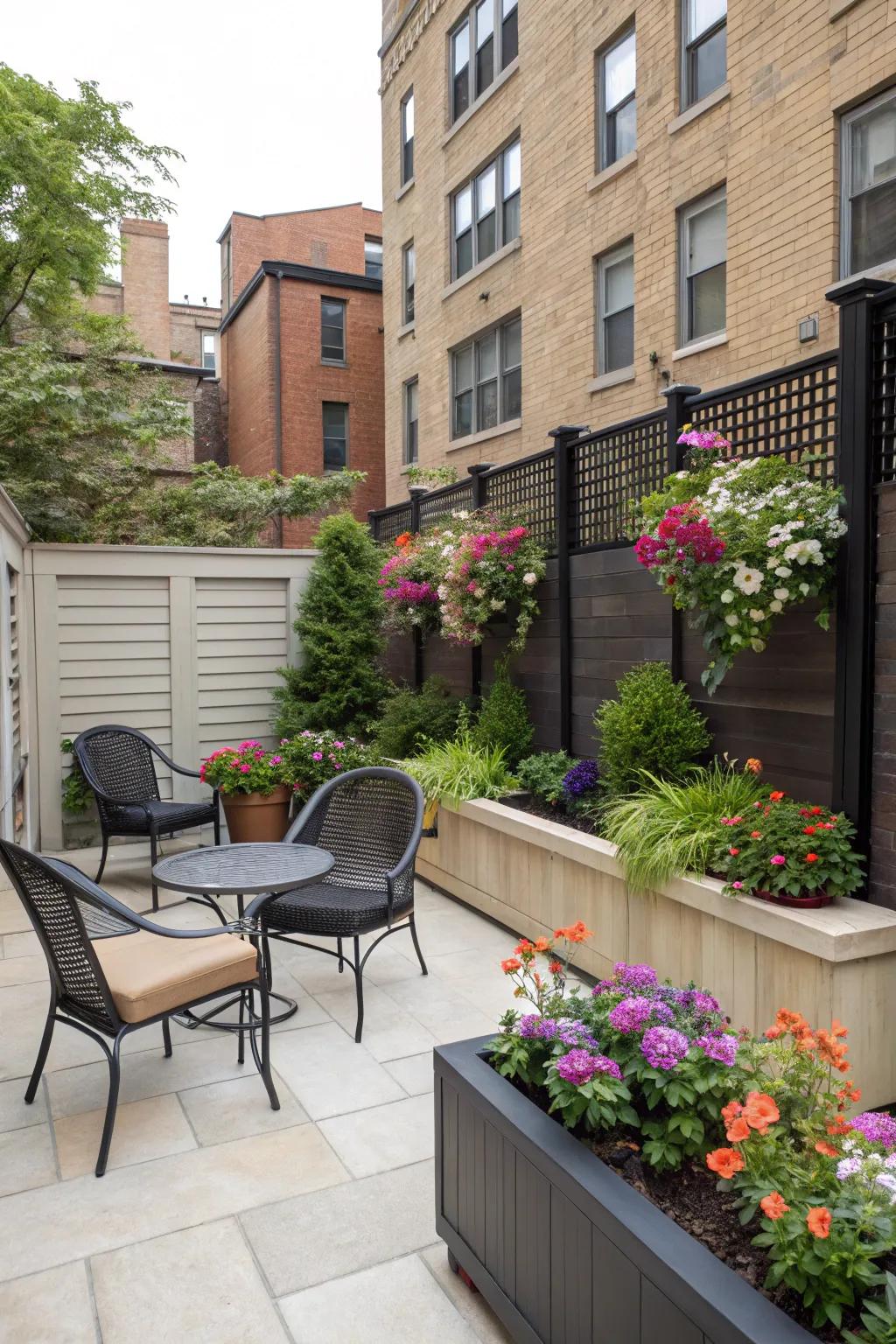 Privacy screens with planters combine beauty and utility.