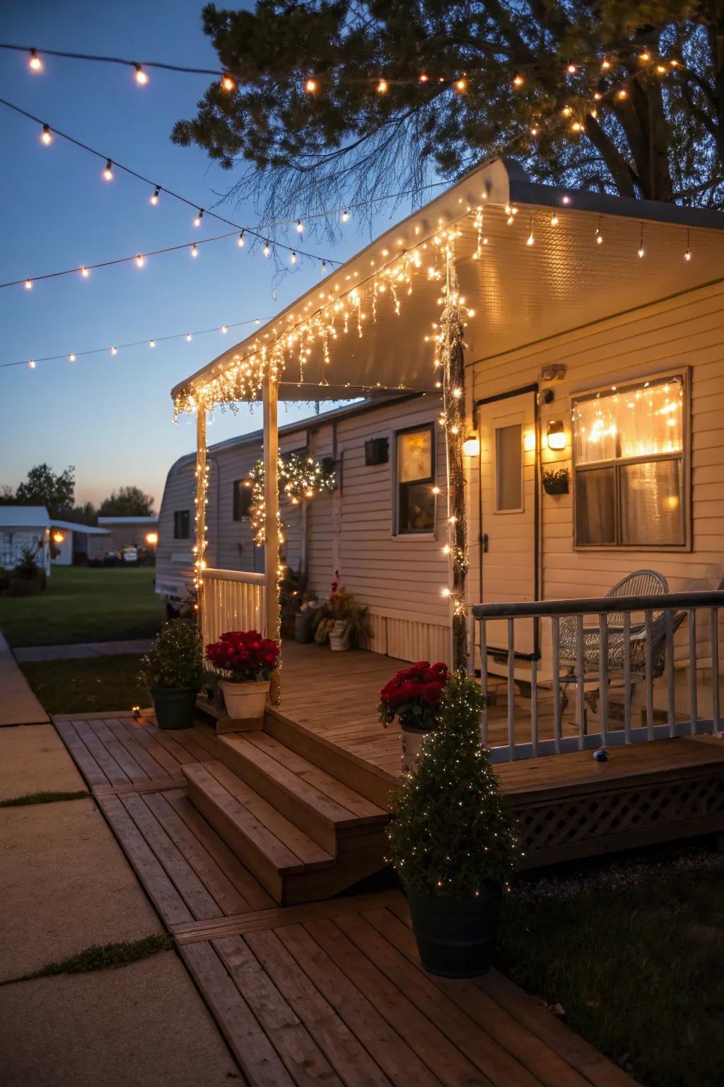 A trailer front porch illuminated by enchanting string lights.