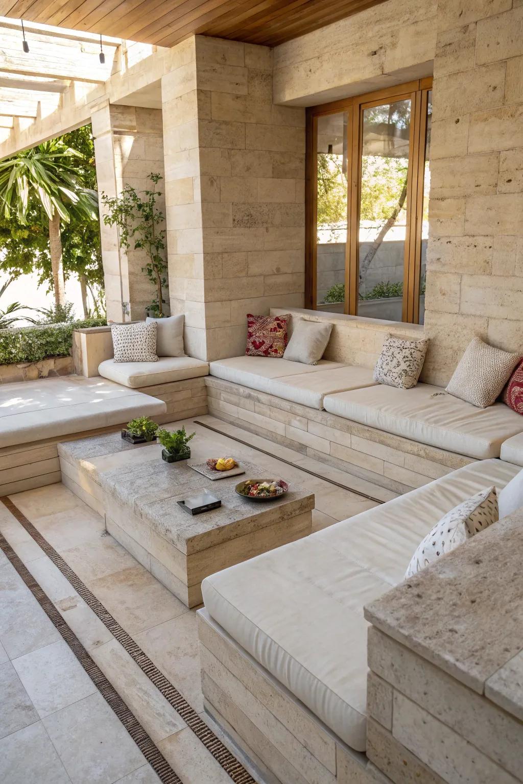 Create intimacy with a sunken travertine lounge.