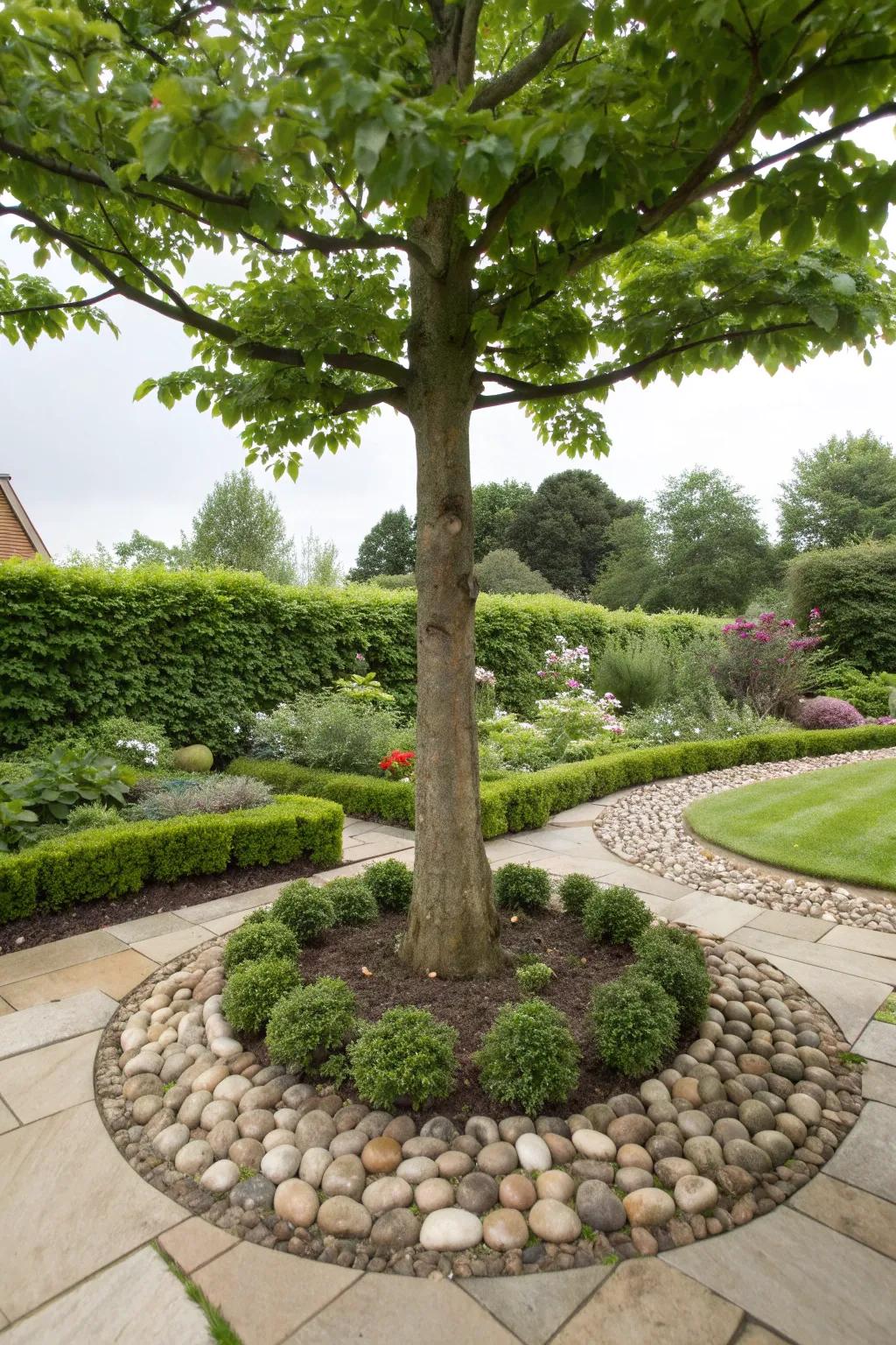 A tree bordered by an artistic pebble pattern.