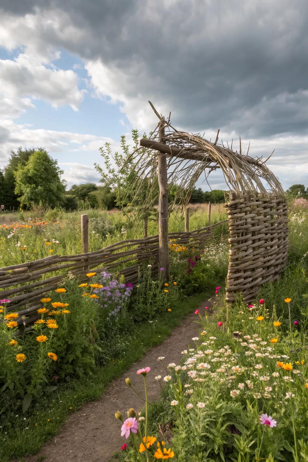 A vertical branch crib fence is a haven for wildlife and a garden feature.