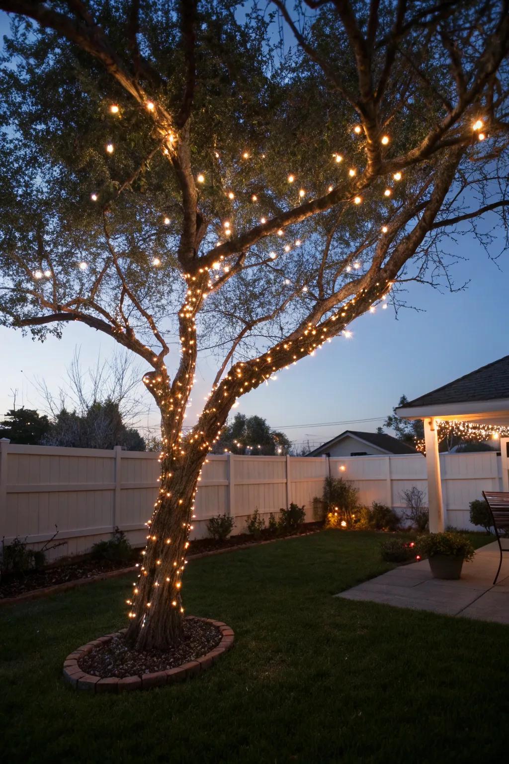 Tree adorned with solar-powered fairy lights